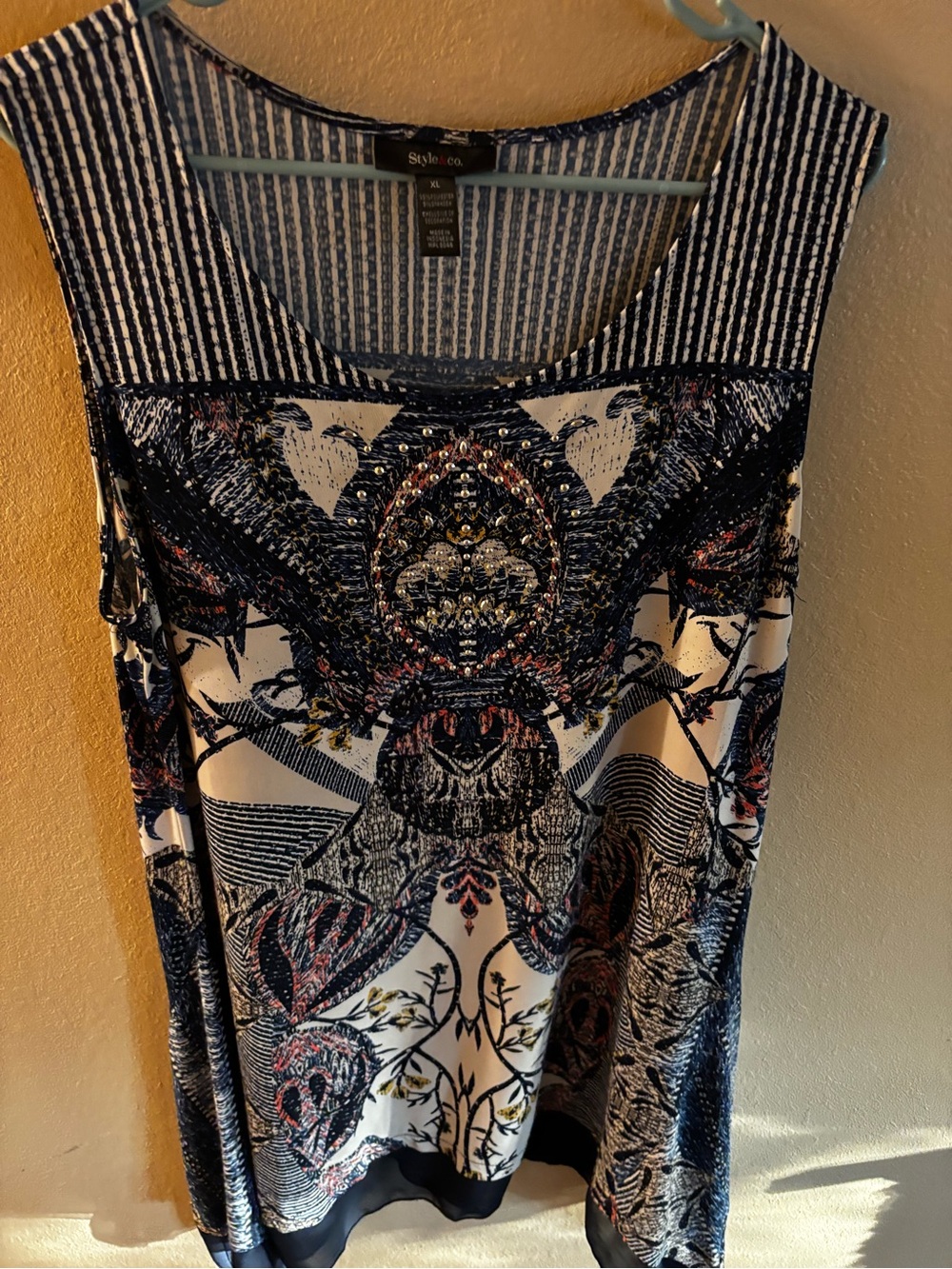 Style & Co. Blue and White Embellished Sleeveless Top